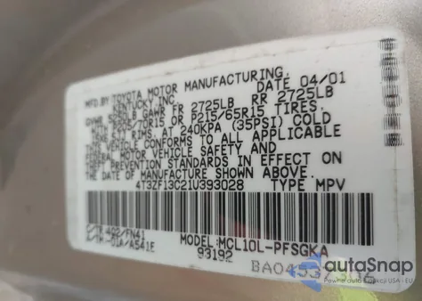 2001 Toyota Sienna from USA, damaged, VIN NOTANOTARY